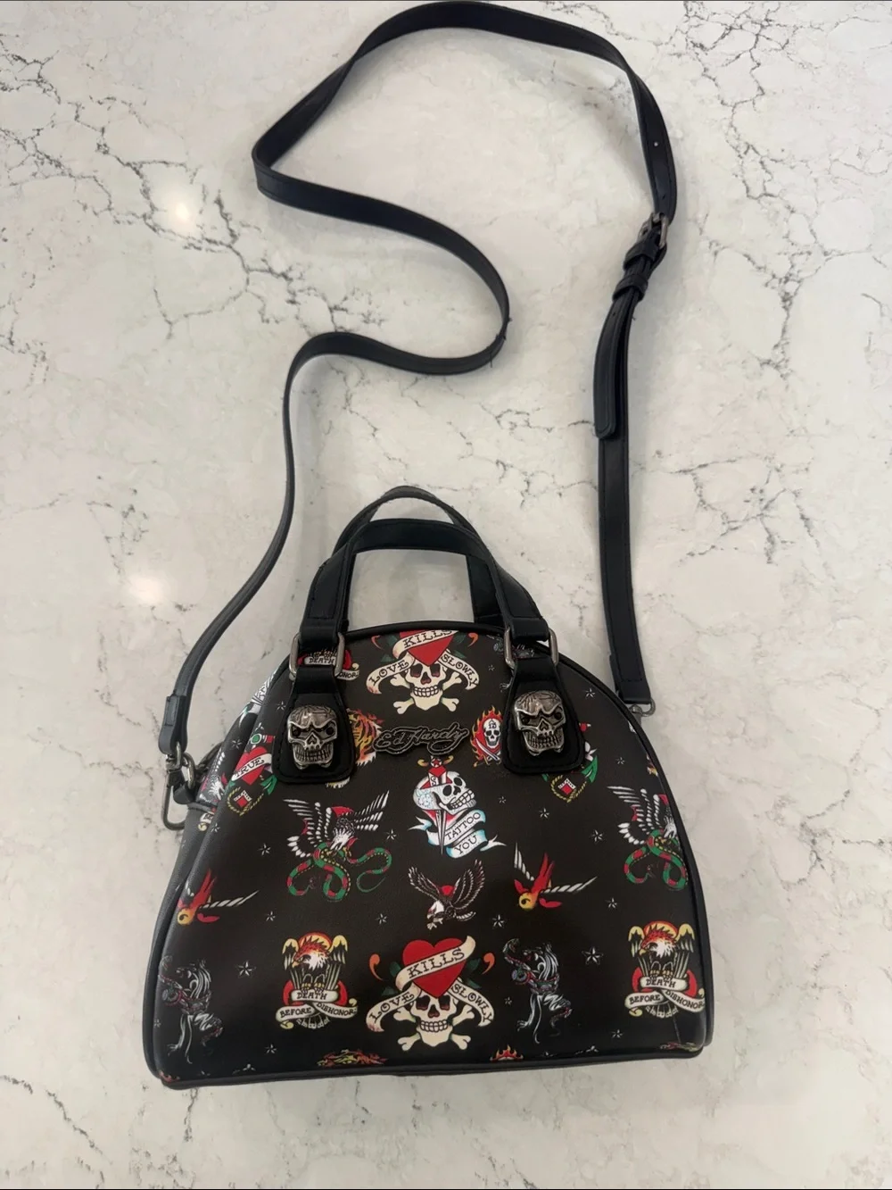Ed Hardy Y2K Tattoo Flash Dome Satchel Crossbody Bag Black Skull Hardware